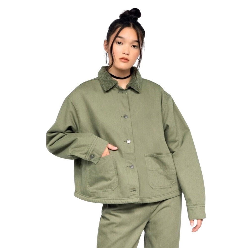 BP Wildfang Olive Green‎ Faux Sherpa Collar Lined Button Front Jacket Chore NEW